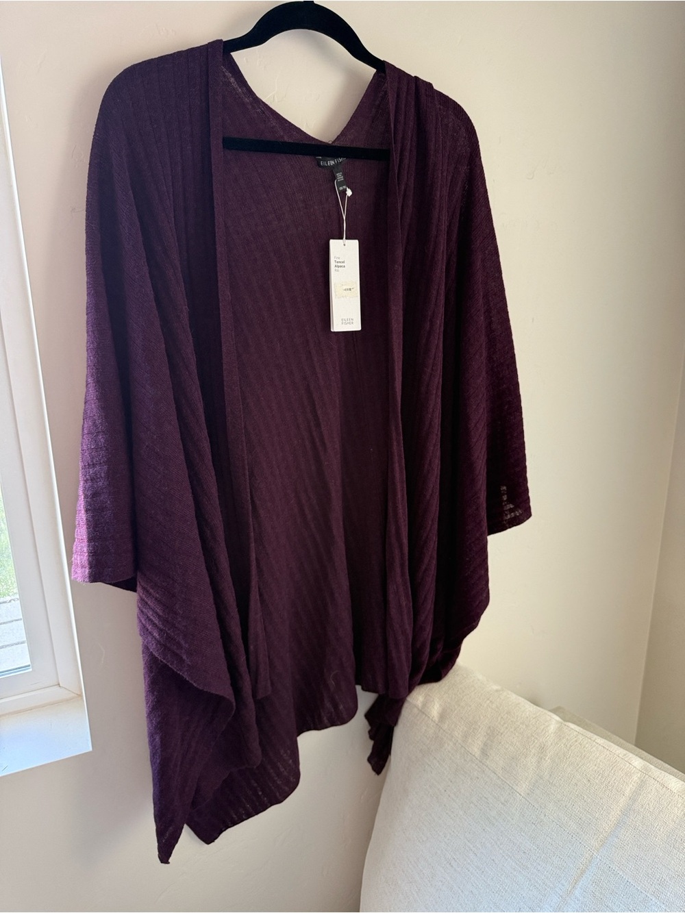 Eileen Fisher wool blend Open-Front Ribbed Poncho Cardigan - Plum NWT